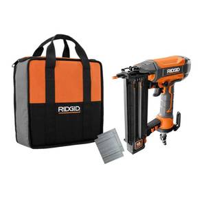 lot 35155 image: RIDGID 18-Gauge 2-18 in. Brad Nailer with CLEAN DRIVE Technology, Tool Bag, and Sample Nails Retail $112.13