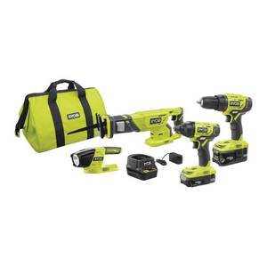 lot 35162 image: RYOBI 18-Volt ONE Lithium-Ion Cordless 4-Tool Combo Kit with (2) Batteries, 18-Volt Charger, and Bag Retail $199.00