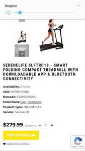 lot 35271 image: SERENELIFE SLFTRD18 - SMART FOLDING COMPACT TREADMILL WITH DOWNLOADABLE APP & BLUETOOTH CONNECTIVITY Retail Price 279.99