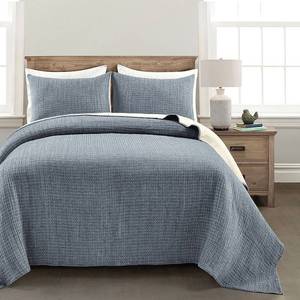 lot 35958 image: King 3pc Solid Kantha Pick Stitch Yarn Dyed Cotton Woven Quilt Set NavyOff-White - Lush D�cor