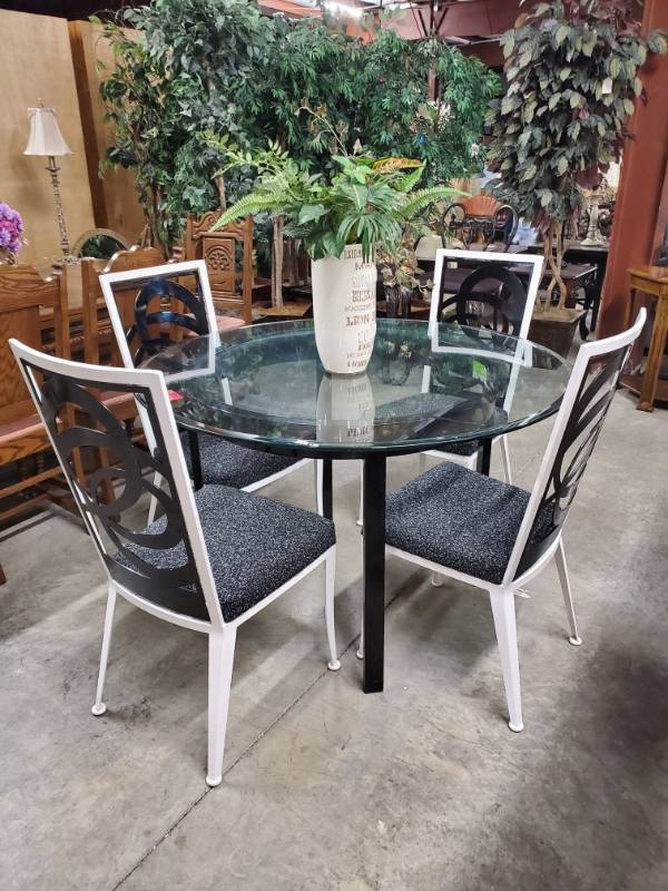 Nebraska Furniture Mart Glass Top Iron Table With 4 Custom Chairs