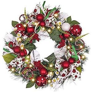 lot 17542 image: Valery Madelyn Pre-Lit Delightful Elf Christmas Wreath for Front Door with Ball Ornaments, Berries, Candy Canes, Ribbons and Flowers, Battery Operated 20 LED Lights