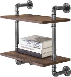 lot 17536 image: MyGift 17-Inch Industrial Black Metal Pipe & Rustic Brown Wood 2-Tier Wall-Mounted Shelf Unit