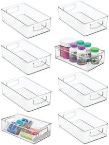 lot 17559 image: mDesign Stackable Plastic Storage Organizer Container Bin with Handles for Bathroom - Holds Vitamins, Pills, Supplements, Essential Oils, Medical Supplies, First Aid Supplies - 8 Pack - Clear