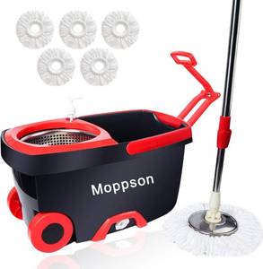 lot 17561 image: Moppson Spin Mop and Bucket Floor Cleaning System with 5 Microfiber Mop Heads Extended 61 Inch Handle Stainless Steel Dry Basket for Home, Office and Kitchen
