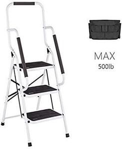 lot 17626 image: 3 Step Ladder Tool Ladder Folding Portable Steel Frame MAX 500 lbs Non-Slip Side armrests Large Area Pedals Detachable ToolBag Suitable for Home Office Engineering