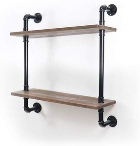 lot 17646 image: Industrial Pipe Shelf Wall Shelf Rustic Wood with Black Iron Pipe 2 Tier