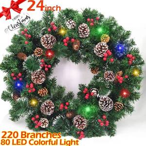 lot 17727 image: TURNMEON 24 Inch Christmas Wreath for Front Door with 80 LED Light 220 Branch Cedar Leaves, Silver Bristle, Cones, Red Berries and Battery Operated Christmas Decorations