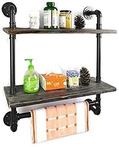 lot 17729 image: 24 Vintage Style Industrial Pipe Bathroom Shelf, Pipe Shelves with Towel Rack Bar,Rustic Wall Shelf with Towel Racks for Bathroom,2 Tiered Pipe Shelves Wood Shelf Shelving,Includes The Wooden