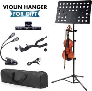 lot 17732 image: Klvied Metal Violin Music Stand with Violin Hanger, Folding Music Stand, Portable Fortable Music stand for Sheet Music, with Travel Case, Light, Black