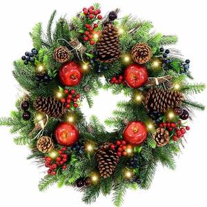 lot 17624 image: WANNA-CUL 24 Inch Christmas Wreath for Front Door,Farmhouse Christmas Red Apple Berry Wreath with Pine Cones Blue Berry and Cherry for Mantel Decoration