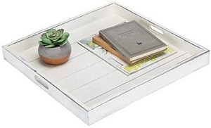 lot 17642 image: MyGift Vintage White 19-Inch Square OttomanServing Tray with Cutout Handles