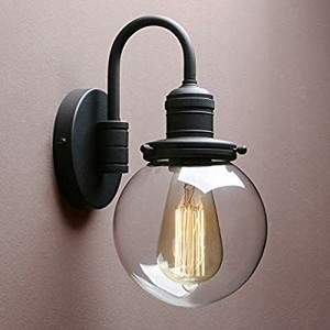 lot 17670 image: Yosoan Vintage Industrial Fixture Light, Round Clear Glass Globe Shade with with Elegant Gooseneck Curved Rod Wall Sconce for Bathroom,Bedroom, Corridor, Coffee Shop, Office(Black)