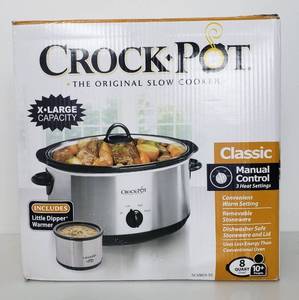 lot 1064 image: Crockpot SCV803-SS 8 quart Manual Slow Cooker with 16 oz Little Dipper Food Warmer, Stainless Steel
