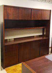 lot 6005 image: OFS Brand  2 Piece Cherry Wood Office Credenza wElectric Power Ports  78 in. x 20 in. x 74 in. tall