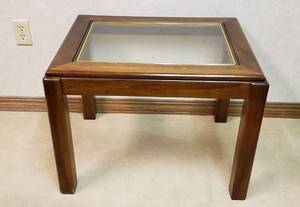 lot 6018 image: Glass Top Wood End Table  27 in. x 21 in. x 20 in.