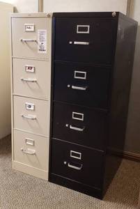 lot 6023 image: HON Cream Colored Letter Size (15 in. x 27 in. x 52 in.) and Black Legal Size (18 in. x 27 in. x 52 in.) 4 Drawer Filing Cabinet  no keys