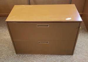 lot 6038 image: Quantum System Brown Metal 2 Drawer Lateral Filing Cabinet w Key  36 in. x 18 in. x 26 in.