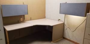 lot 6043 image: Modular Desk Work Station w2 Cabinets (1 has light)  no keys  Desk 84 in. x 48 in. x 30 in.