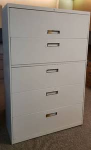 lot 6045 image: Lot of 2 Metal 5 Drawer Lateral Filing Cabinets  Little Rough as some Drawers need some Adjustments