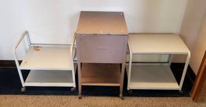 lot 6052 image: Lot of 2 Small Metal Stands on Casters and Vertiflex Top Load Filing Cabinet  Lid Hinges need reattached