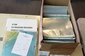 lot 6058 image: Lot of Box of Clear Document Protectors and 2 Boxes of 5 Plastic Magazine Organizer Boxes