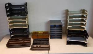 lot 6075 image: Lot of Office Organizing Stands, Office Desk Drawer Trays and Trays  Various Sizes, Styles and Materials