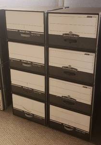 lot 6099 image: Lot of 8 Cardboard Legal Size Storage Boxes (17 in. x 25 in. x 11 in.) Stacked in Sets of 4