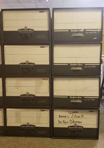 lot 6108 image: Lot of 8 Cardboard Legal Size Storage Boxes (17 in. x 25 in. x 11 in.) Stacked in Sets of 4
