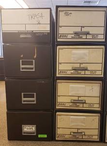 lot 6110 image: Lot of 8 Cardboard Legal Size Storage Boxes (17 in. x 25 in. x 11 in.) Stacked in Sets of 4