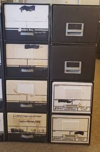 lot 6114 image: Lot of 8 Cardboard Letter Size Storage Boxes (13 12 in. x 25 in. x 11 in.) Stacked in Sets of 4
