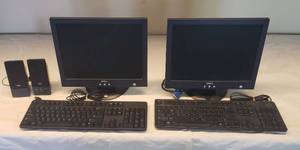 lot 6118 image: Lot of 2 Dell 15 in. Monitors, Keyboards and One set of Speakers