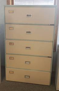 lot 6160 image: Diebold Space Master 5 Drawer Lateral Filing Cabinet  36 in. x 15 in. x 59 in.  bottom drawer stiff opening