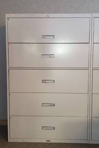 lot 6163 image: Burrough AdaptafileIII 5 Drawer Lateral Filing Cabinet  Top Drawer is a pullout  No Keys  42 in. x 18 in. x 65 in.