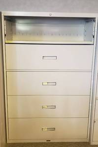 lot 6168 image: Burrough AdaptafileIII 5 Drawer Lateral Filing Cabinet  Top Drawer is a pullout  Missing Face to Top Drawer  No Keys  42 in. x 18 in. x 65 in.