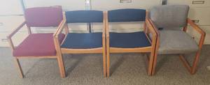 lot 6172 image: Lot of 4 Wood and Fabric Seating Office Chairs  Various Colors and Styles  Seat sizes 19 in.