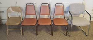 lot 6176 image: Lot of Assorted Chairs  3 Brown Vinyl Stacking Chairs, 1 Metal Folding Chair and Gray Tweed Seating Office Chair