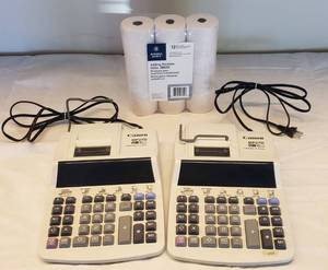 lot 6194 image: Lot of 2 Canon MP27D Adding Machines  powers on  wpackage of paper rolls