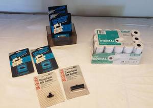 lot 6197 image: Package of 30 Thermal Paper Rolls and Various Calculator Ink Rollers