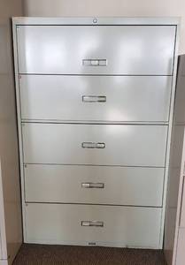 lot 6207 image: Burrough AdaptafileIII 5 Drawer Lateral Filing Cabinet  Top Drawer is a pullout  No Keys  42 in. x 18 in. x 65 in.  Comes with Drawers of Hanging