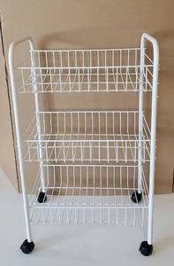 lot 6221 image: Small White Wire Basket Metal Cart on Casters