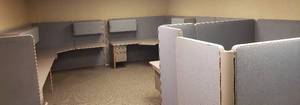 lot 6224 image: Blue Tweed Cubicle Work Area  Ten 4 Ft. Panels, seven 3 Ft. Panels, Four 30 in. Panels and Numerous Desk Top Attachment, Drawers & Shelf Cabinets  Approx Room Size 15 ft. x 24 ft.