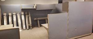 lot 6229 image: Blue Tweed Cubicle Work Station  Two 5 ft., one 4 ft., Three 3 ft. ,Two 2 Ft. Panels, and Curved Corner Panel  Room Size 10 x 14 ft.