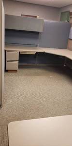 lot 6232 image: Blue Tweed Cubicle Work Station  One 5 ft., Four 4 ft., Two 3 ft. Panels  Numerous Desk Stations  Room Size 30 x 16 ft.