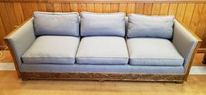 lot 6246 image: Romweber Viking Oak Furniture  3 Cushion Couch  Slate Blue Upholstery wCarved Oak Trim  90 in. x 34 in. x 26 in.