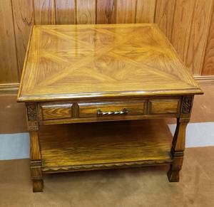lot 6248 image: Romweber Viking Oak Furniture  Single Drawer Side Table  Carved Oak Trim  30 in. x 30 in. x 22 in.