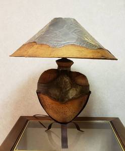 lot 6257 image: Cradled Heart Lamp  Steel, Leather and Tin Materials  Works  24 in. tall x 21 in. diameter Shade