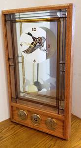 lot 6267 image: Custom Made Mallad Duck Clock  Barometer by Garry H. Huddle  Clock is Battery Operated  15 in. x 26 12 in. x 3 in.