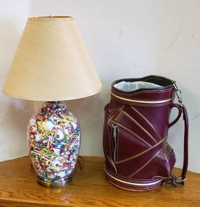 lot 6268 image: Lot of Golf Decor  Lamp (28 in.)and Golf Bag Trash Can (18 in.)