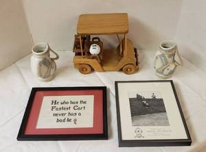 lot 6269 image: Lot of Golf Decor #2  Wood Cart, 2 Casade Porcelain Golf Bags and 2 Framed Golf Humor